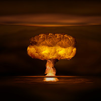 Buy canvas prints of Atomic bomb realistic explosion, orange color with by Łukasz Szczepański