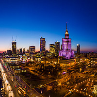 Buy canvas prints of Warsaw city center at dusk aerial view by Łukasz Szczepański