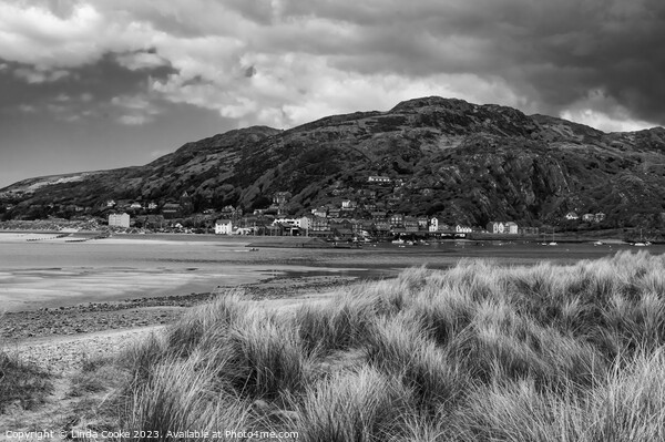 Barmouth and Dinas Oleu in monochrome, viewed across the River Mawddach estuary Picture Board by Linda Cooke