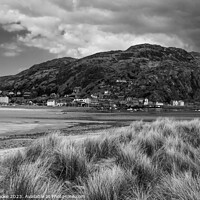 Buy canvas prints of Barmouth and Dinas Oleu in monochrome, viewed across the River Mawddach estuary by Linda Cooke
