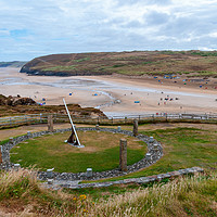 Buy canvas prints of Millennium Sundial above Perranporth Beach by Linda Cooke