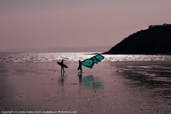 Surfer and windsurfer at Oxwich Picture Board by Linda Cooke
