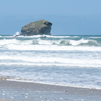 Buy canvas prints of Sea spray at Gull Rock Portreath by Linda Cooke