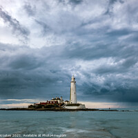 Buy canvas prints of St Marys Lighthouse during a rain storm by Gary Clarricoates