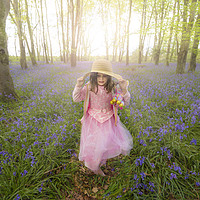 Buy canvas prints of Small girl walks through bluebell woods in pink dress by Alan Hill