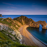 Buy canvas prints of Jurassic coast and Durdle Door in Dorset at sunset by Alan Hill
