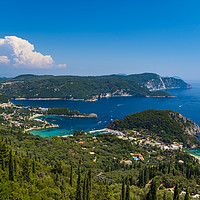 Buy canvas prints of Panoramic view of Palaiokastritsa, boats and beach Corfu, Greece by Alan Hill