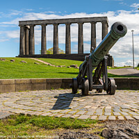 Buy canvas prints of The Portuguese Cannon with the National Monument of Scotland in the background, Carlton Hill, Edinburgh, Scotland by Dave Collins