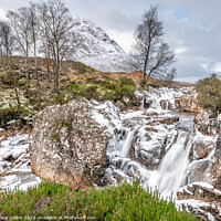 Buy canvas prints of Partly frozen Waterfall on the River Coupall with Buachaille Etive Mor and Stob Deargin the background,  Glen Coe, Highlands, Scotland by Dave Collins