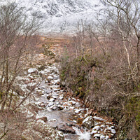 Buy canvas prints of Partly frozen River Coupall with Buachaille Etive Mor and Stob Deargin the background,  Glen Coe, Highlands, Scotland by Dave Collins