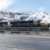 Buy canvas prints of Alaska Railroad Locomotive 3001 with snow covered mountains behind, Whittier, Alaska, USA by Dave Collins