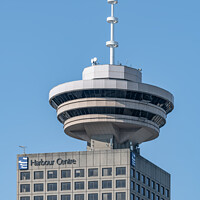 Buy canvas prints of The Vancouver Lookout at the top of the Harbour Centre building with the Canadian flag, Vancouver, Canada by Dave Collins