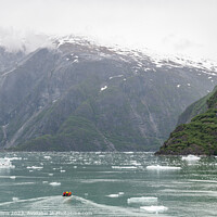 Buy canvas prints of Small rib boat in ice and mist of the Tracy Arm Fjord, Alaska, USA by Dave Collins