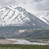 Buy canvas prints of Matanuska River with snow covered mountains behind in Alaska, USA by Dave Collins