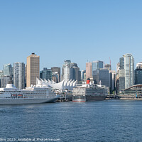Buy canvas prints of The Silver Whisper and Queen Elizabeth cruise ships docked at the Cruise Line Terminal with the downtown  skyscrapers behind, Vancouver, Canada by Dave Collins