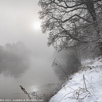 Buy canvas prints of Sun breaking through the mist over the Teviot River in winter snow in the Scottish Borders by Dave Collins