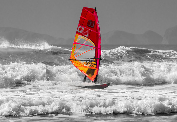 Windsurfing on Newgale Beach - Selective Colour. Framed Mounted Print by Colin Allen