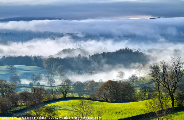 Lake Windermere Lost in Valley Mist Picture Board by George Hopkins