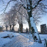 Buy canvas prints of Knaresborough Castle North Yorkshire sunrise with winter snow by mike morley
