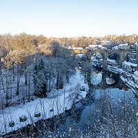 Buy canvas prints of Winter snow sunrise over the river Nidd in Knaresborough, North Yorkshire. Panoramic format. by mike morley