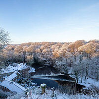Buy canvas prints of Winter snow sunrise over the river Nidd in Knaresborough, North Yorkshire.  by mike morley