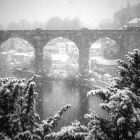 Buy canvas prints of Winter snow storm over the railway viaduct at Knaresborough, North Yorkshire, UK by mike morley