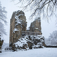 Buy canvas prints of Winter snow sunrise over the historical remains of the castle in Knaresborough, North Yorkshire.  by mike morley
