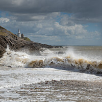 Buy canvas prints of Mumbles lighthouse breaking wave by Bryn Morgan