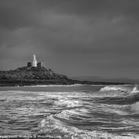 Buy canvas prints of Mumbles lighthouse viewed from Bracelet bay, black and white by Bryn Morgan