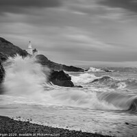 Buy canvas prints of Mumbles lighthouse viewed from Bracelet bay, black and white by Bryn Morgan