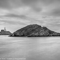 Buy canvas prints of Mumbles lighthouse from Mumbles bay, black and white by Bryn Morgan