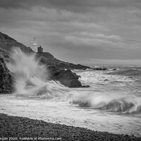 Buy canvas prints of Mumbles lighthouse viewed from Bracelet bay, monochrome by Bryn Morgan