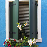 Buy canvas prints of Window with Flowers in Burano by Chris Dorney