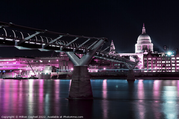 St Paul`s Cathedral and the Millennium Bridge at night Picture Board by Milton Cogheil