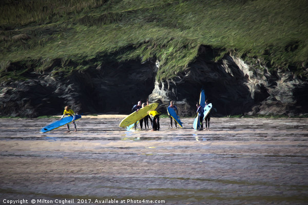 Surfers On Mawgan Porth Beach 2 Picture Board by Milton Cogheil