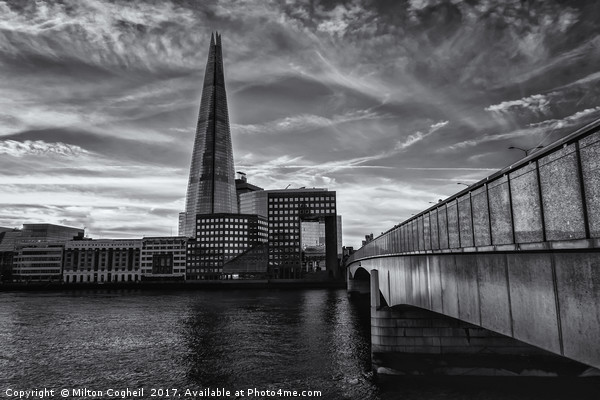 The Shard & London Bridge - B&W Picture Board by Milton Cogheil