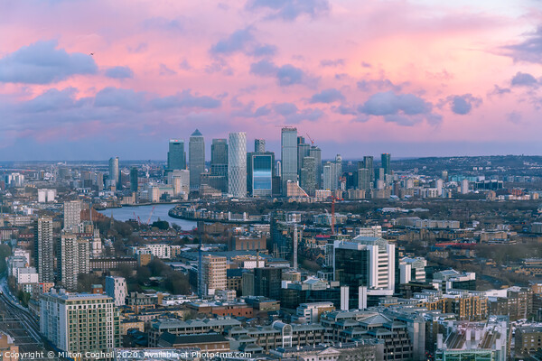 Aerial sunset London cityscape with Canary Wharf in the background Picture Board by Milton Cogheil