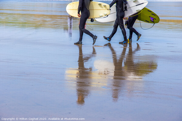 Surfers on Polzeath beach, Cornwall Picture Board by Milton Cogheil