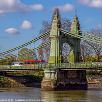 Buy canvas prints of Red London bus on Hammersmith Bridge by Milton Cogheil