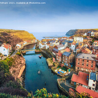 Buy canvas prints of Staithes Harbour From The Hill. by Steve Whitham