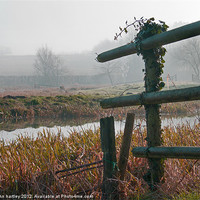 Buy canvas prints of "Broken fence!" Misty River Wensum Norfolk by john hartley