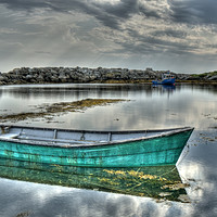 Buy canvas prints of Green Boat Blue Rocks by Roxane Bay