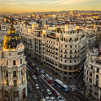 Buy canvas prints of Madrid sunset views of the iconic Gran Via by Sebastien Greber