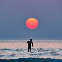 Buy canvas prints of Polzeath  paddleboarder at sunset by Simon Maycock
