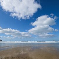Buy canvas prints of White clouds over Polzeath beach by Simon Maycock