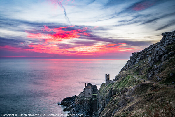 Vivid sunset on the Cornish coast at Botallack tin mines Picture Board by Simon Maycock