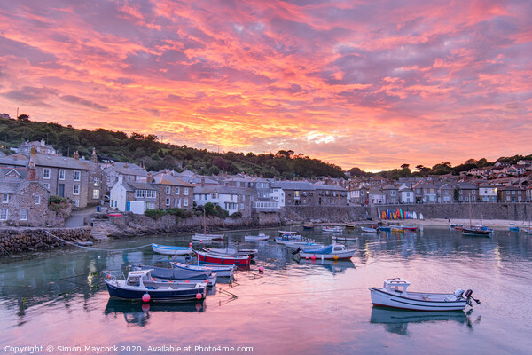 Fiery sunset at Mousehole Harbour Picture Board by Simon Maycock