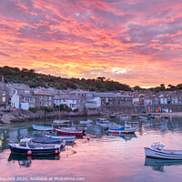 Buy canvas prints of Fiery sunset at Mousehole Harbour by Simon Maycock