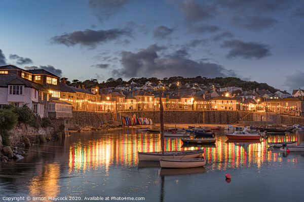 Mousehole harbour reflections at night Picture Board by Simon Maycock