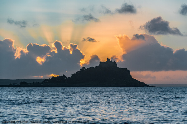St Michaels Mount sunrays Picture Board by Simon Maycock